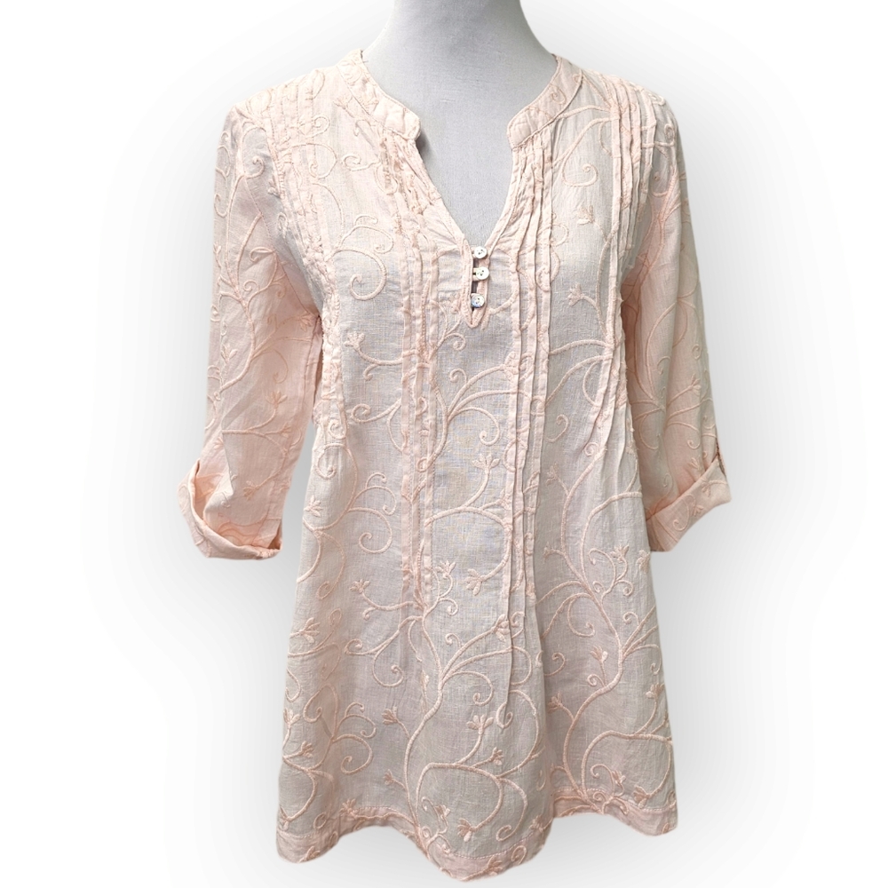 Kenar Linen Tunic Peach Embroidered Size Medium